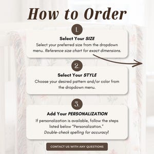 May include: An instructional graphic titled How to Order with three numbered steps. Step 1: Select Your SIZE. Step 2: Select Your STYLE. Step 3: Add Your PERSONALIZATION. A curved arrow points to the right. A button at the bottom reads CONTACT US WITH ANY QUESTIONS.