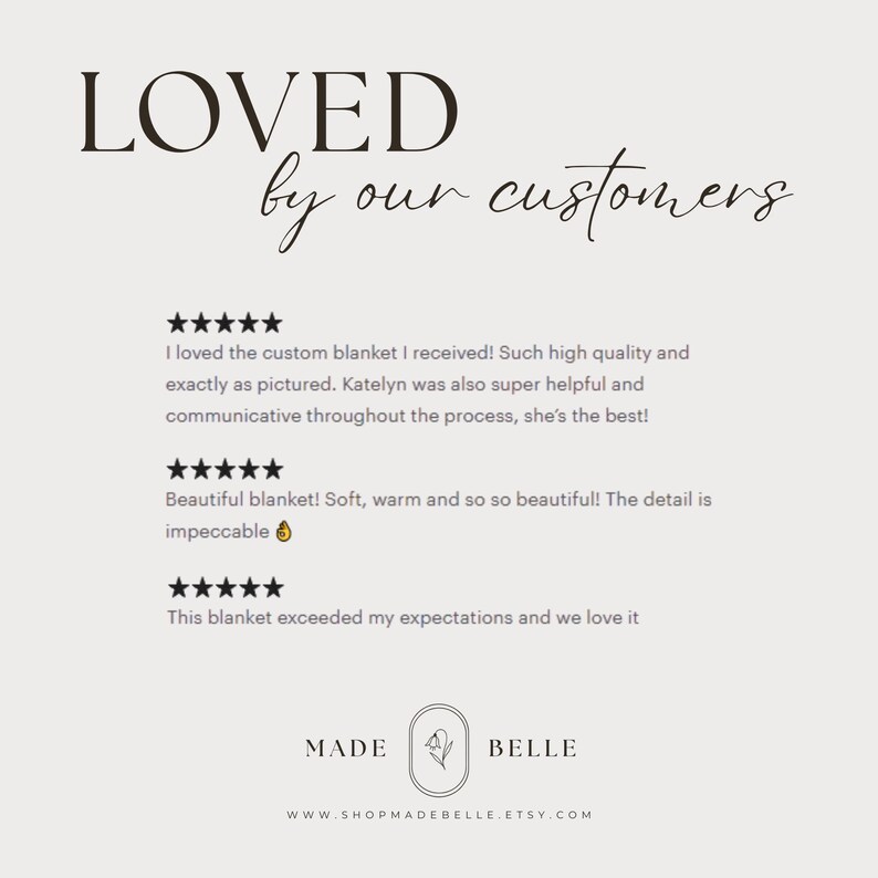 Op de afbeelding: Cr&egrave;mekleurige afbeelding met de woorden "LOVED by our customers" in elegant schrift. Bevat klantbeoordelingen met vijfsterrenbeoordelingen en de merknaam "MADE BELLE" met een bloemenlogo. Websiteadres is ook opgenomen.