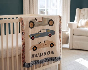 Personalized Race Car Baby Blanket Custom Retro Name Nursery Decor Classic Cars Crib Bedding for Newborn Boy Throw Race Car Baby Shower Gift