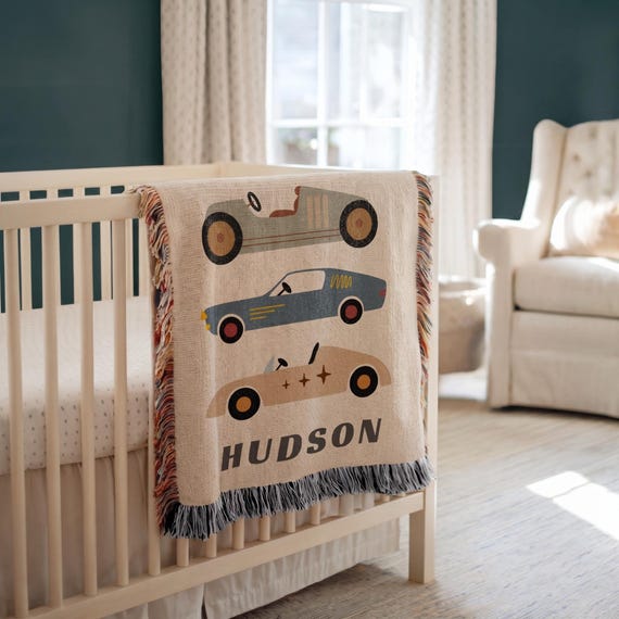 Personalized Race Car Baby Blanket Custom Retro Name Nursery Decor Classic Cars Crib Bedding for Newborn Boy Throw Race Car Baby Shower Gift