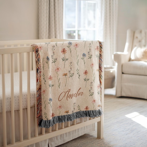 Personalized Baby Name Blanket Custom Wildflower Girl Nursery Decor Floral Farmhouse Garden Heirloom Toddler Gift Ideas Baby Shower for Girl