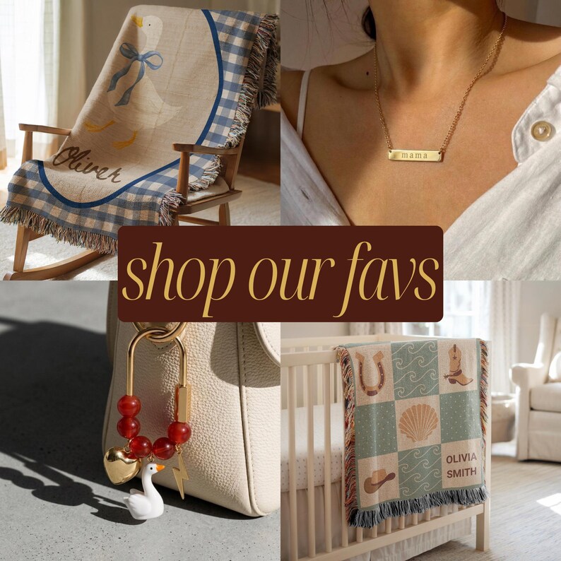 May include: A collage featuring a woven blanket with a duck and the name Oliver, a gold bar necklace engraved with mama, a bag charm with red beads and a swan pendant, and a woven blanket with western motifs and the name Olivia Smith.
