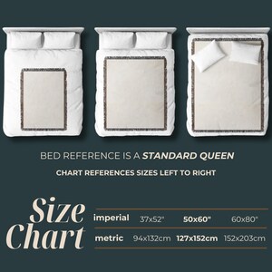 May include: A size chart for blankets featuring three white beds with standard queen dimensions. The chart displays three blanket sizes: 37x52 inches, 50x60 inches, and 60x80 inches. Text includes BED REFERENCE IS A STANDARD QUEEN and SIZE CHART.