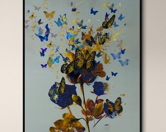 Blue Butterfly Botanical Canvas, Floral Wall Art, Extra Large Nature Print