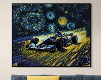 Formula 1 Starry Night Canvas Art, Van Gogh Style Racing Car Wall Decor