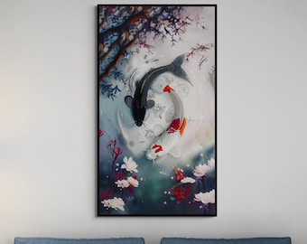 Japanese Koi Canvas Wall Art, Vertical Zen Fish Decor, Extra Large Print