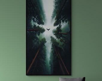 Misty Forest Canvas Wall Art, Vertical Nature Print, Extra Large Wall Decor