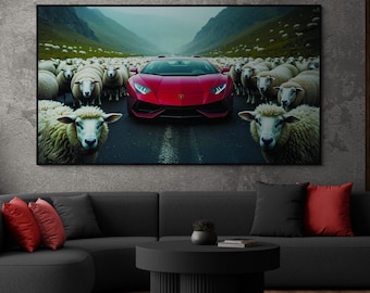 Lamborghini Sheep Canvas Print, Funny Luxury Car Poster, Unique Modern Decor, Gift