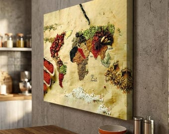 Spice World Map Canvas Print, Kitchen Wall Art, Rustic Culinary Decor Gift