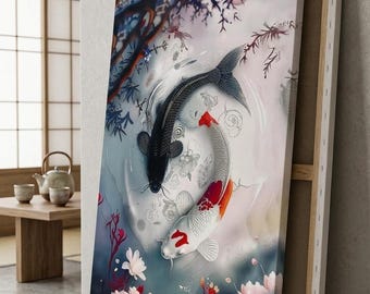 Koi Fish Canvas Wall Art, Japanese Zen Decor, Modern Yin Yang Koi Print