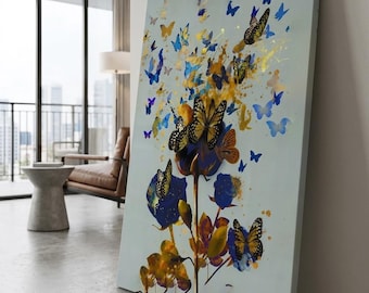 Blue Butterfly Flower Canvas Art, Botanical Wall Decor, Extra Large Print