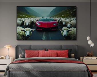 Lamborghini Canvas Print with Sheep, Luxury Supercar Poster, Unique Car Decor, Gift
