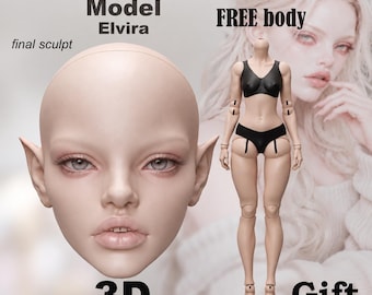 3D-utskrivbart BJD-dockhuvud Elvira – 50 mm | STL-filer | GRATIS matchande kropp