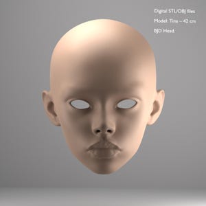 May include: A 3D-rendered, neutral-toned BJD head, model Tina, with a smooth, blank face and open eye sockets. The head is approximately 16.5 inches tall. The image includes the text: Digital STL/OBJ files, Model: Tina - 42 cm, BJD Head.