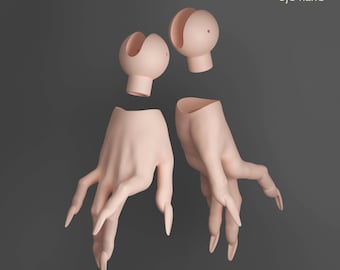 May include: A set of pale pink BJD doll hands with long, pointed fingernails. The image includes two detached hand parts and two head parts, all against a gray background. The text "bjd hand" is visible.
