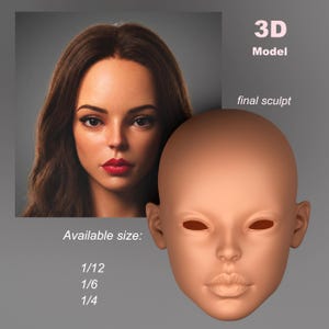 May include: A 3D model of a female face, with a realistic rendering of a woman's face on the left and a final sculpt of the face on the right. Text reads "3D Model" and "final sculpt". Available sizes are 1/12, 1/6, and 1/4.