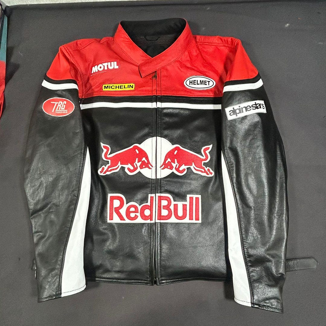Homme Red Racing Jacket Red Bull Racing Leather Jacket Men, Vintage Motorsport Biker Jacket, F1 ...