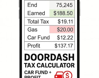 Outil de suivi des revenus et du kilométrage DoorDash | Calcul automatique de l'impôt (SE, fédéral, état) | Fonds automobile | Feuille de calcul Google Sheets
