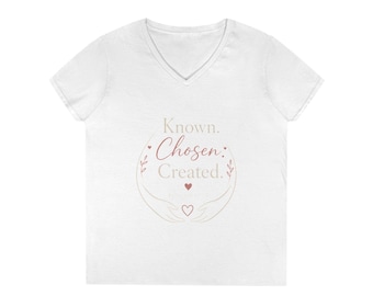 2nd Known chosen created / psalms 139:13-14 / Women's Jersey Short Sleeve Deep V-Neck Tee