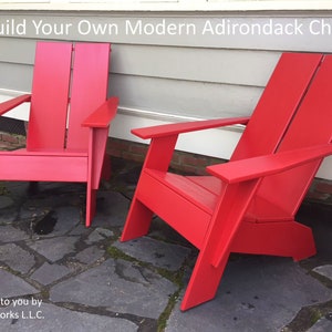 May include: Two red Adirondack chairs, one in front of the other, on a stone patio. The chairs have a modern design and are made of wood. The text "Build Your Own Modern Adirondack Chair" is at the top of the image. The text "Brought to you by MakerWorks L.L.C." is at the bottom of the image.