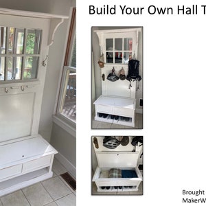 May include: White hall tree with a bench and storage. The hall tree is made from a repurposed door with a mirror and hooks. The bench has a lift-up seat and storage space underneath. The text "Build Your Own Hall Tree" is at the top of the image. The text "Brought to you by MakerWorks L.L.C." is at the bottom of the image.