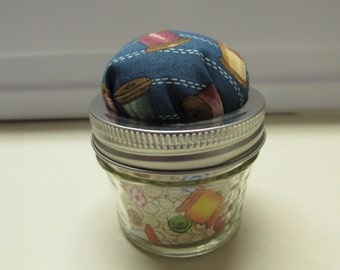 Jar Pincushion - Blue with Thread
