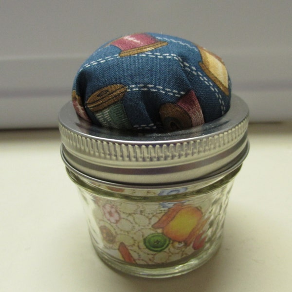 Jar Pincushion - Blue with Thread