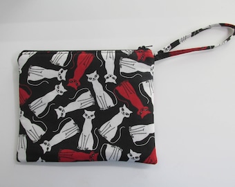 Zippered Wristlet (White, Red Cats on Black Background - Black Lining - Black Zipper)