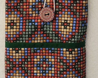 Cell Phone Pouch and Matching Lanyard - Red, Blue, Green, Tan Beadwork Print with Dark Green Lining