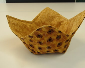 Microwave Bowlder (Bowl Holder) - Brown Flowers Print on Butterscotch Background/Reverses to Butterscotch Tone-On-Tone