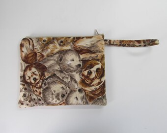 Zippered Wristlet (Shades of Brown/Beige Dogs - Beige Leaves Lining - Ecru Zipper)