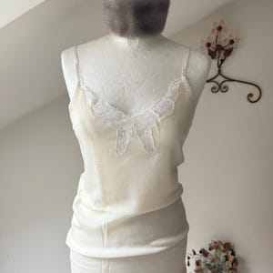 100 % Wolle Top Vintage Deadstock Unterwäsche Romantische Tank Top Spitzenbesatz Thermo Layer Unterwäsche