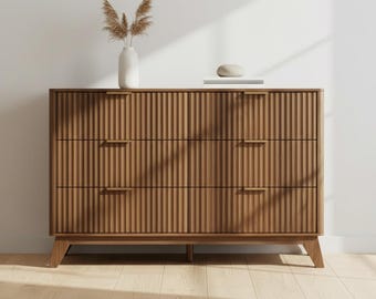 Modern 6 Drawer Dresser – Fluted Wooden Bedroom Storage Cabinet