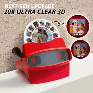 Op de afbeelding: Een rode 3D-viewer met een fotorol met meerdere afbeeldingen. De tekst "NEXT-GEN UPGRADE 10X ULTRA CLEAR 3D" wordt bovenaan weergegeven. Twee cirkelvormige afbeeldingen tonen een upgrade- en basisversie van de foto's.