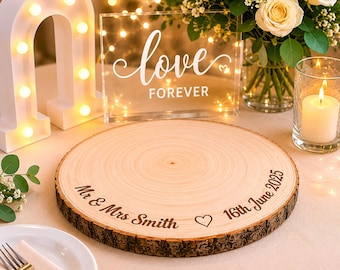 Personalized Wedding Cake Board, Wedding Cake Stand, Engraved Wood Slice Decor, Custom Wedding Gift, Charcuterie Board