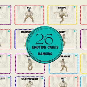 Könnte beinhalten: Ein Set von 26 Emotionskarten mit dem Wort "Dancing" und der Zahl "26" in einem türkisfarbenen Kreis. Jede Karte zeigt eine tanzende Person und ein deutsches Wort für eine Emotion, wie "Wut" und "Freude".