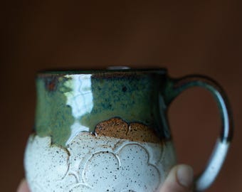 Cloud mug, green and white, 9 oz mug, ceramics, hand-thrown pottery