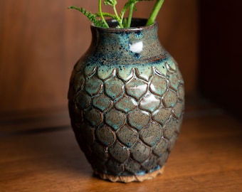 Carved Dragon scale vase, hand turned, hand carved pottery, ceramics