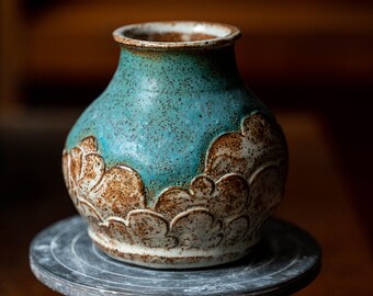Clouds and sky carved pot, wheel thrown, hand carved