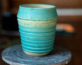 Turquoise blue ribbed vase, ceramics, wheel turned ceramics