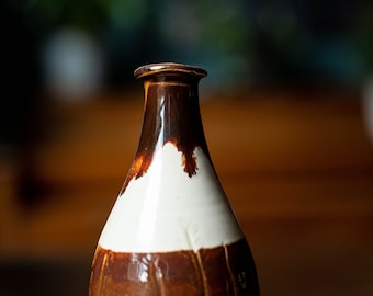 Small brown and white bud vase, small bottle, hand thrown pottery, ceramics