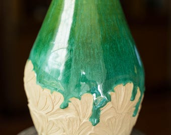 Ginkgo carved pottery vase, blue and green carved vase