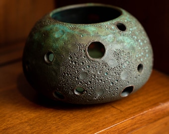 Moonscape Luminary, hand carved, copper with turquoise notes