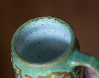Maze green mug, 12 oz mug, ceramics, hand-thrown pottery