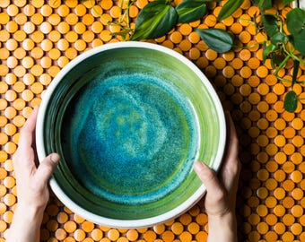 Large serving bowl, vibrant green and blue interior, pasta serving bowl
