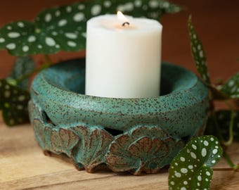 Turquoise Ginkgo leaf ceramic candle holder, pottery