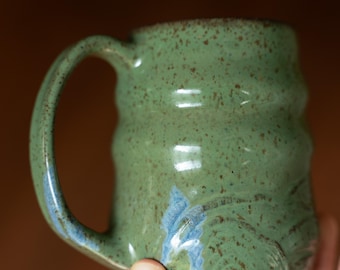 Rolling hills mug, green and blue, 13 oz mug, ceramics, hand-thrown pottery