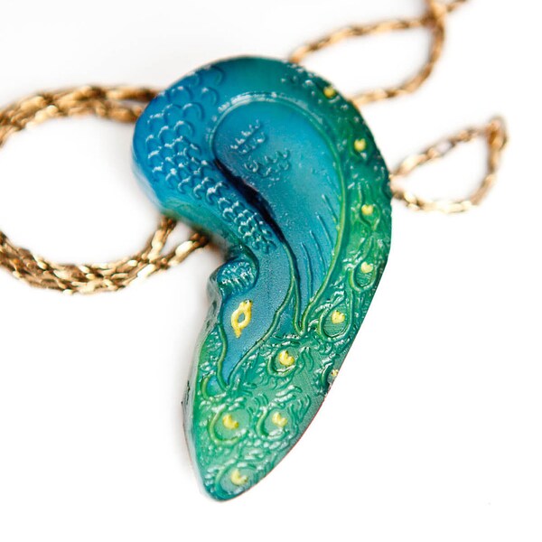 Peacock Pendant, Art Nouveau, handcarved out of tagua nut, vegetable ivory, yellow, blue, green, jade