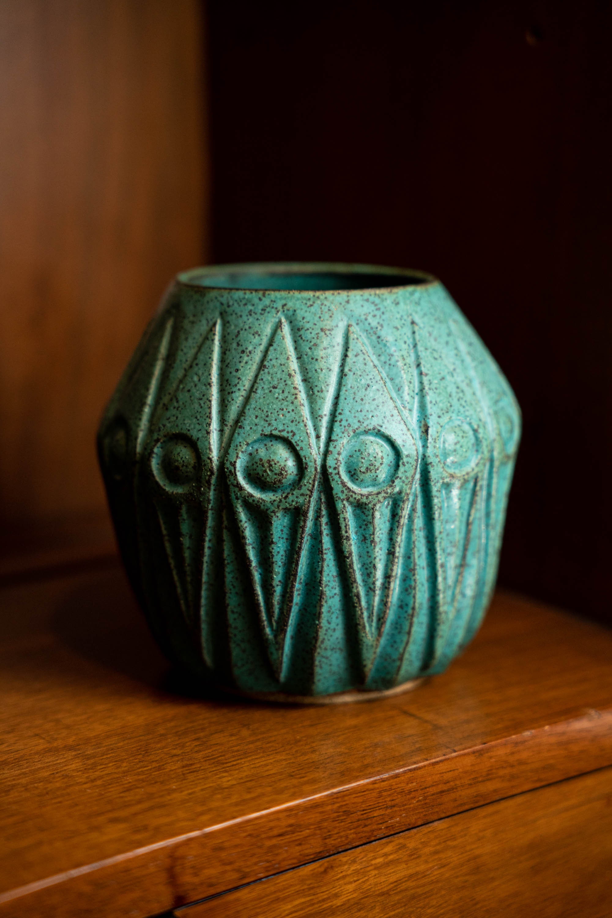 Art Deco or Midcentury Style Turquoise Pot, Hand Built Pottery