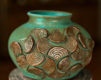 Carved Ceramic vase, MCM style, hand carved, hand thrown, pottery